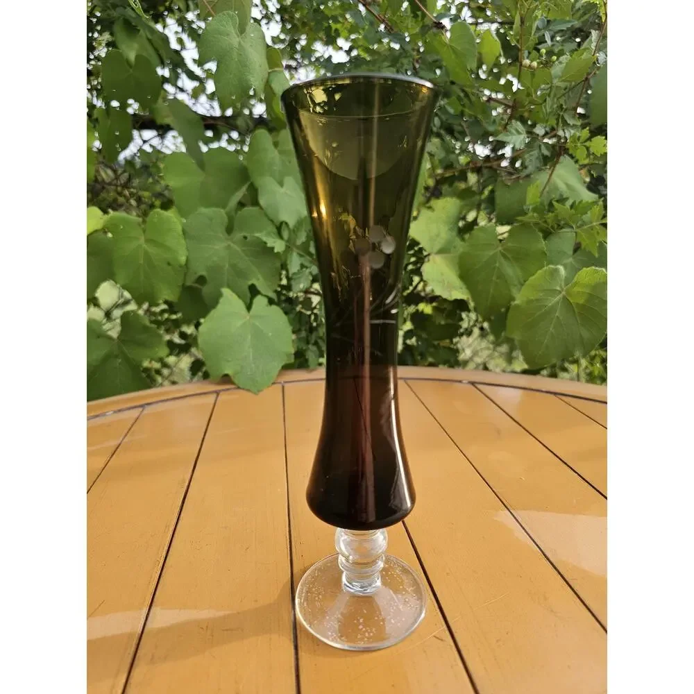 Vintage Olive Green Etched Glass Small Footed Bud Vase